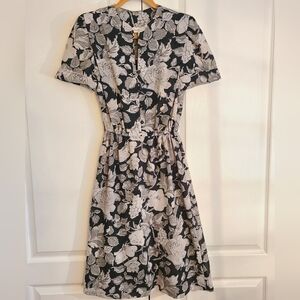 Vintage Sherbet Floral Black and White Midi Short-sleeve Dress Sz.10 Whimsigoth